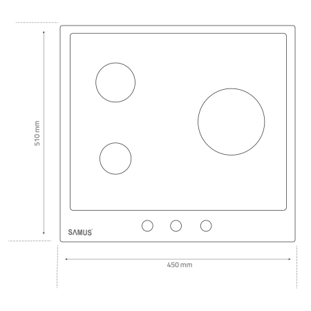 Plita incorporabila Samus PSG-43SMGN1, pe gaz, 3 arzătoare (1 triplu 3.4 kW, 1 mediu 1.8 kW), sticlă neagră mată cu acoperire Nano, grătare fontă, 45 cm, aprindere electrică, siguranță la arzătoare [2]