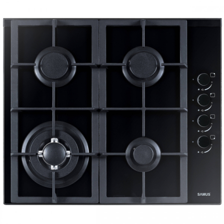Aragazuri si plite - Plita incorporabila Samus PSG-64SG4, 4 arzatoare, 1 arzator Wok, aprindere electrica, sistem siguranta la arzatoare, panou lateral, gratar fonta, Neagra