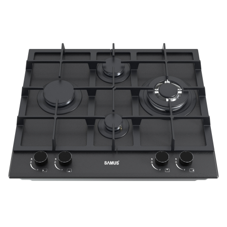 Aragazuri si plite - Plita incorporabila Samus PSG-64SMGN2, 4 Arzatoare gaz, Latime 58 cm, Gratare fonta, Aprindere electrica, Sticla, Neagra