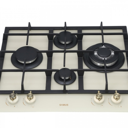 Plita incorporabila Samus PSG-64VG1, 4 arzatoare, arzator Wok,  aprindere electrica, dispozitiv siguranta arzatoare, gratare din fonta, design rustic, Bej [1]