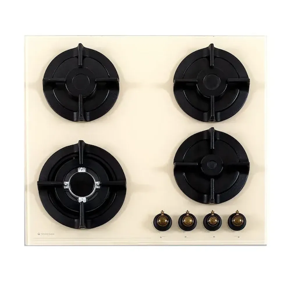 Aragazuri si plite - Plita incorporabila Studio Casa Viva Parma Glass, 4 arzatoare gaz- dintre care 1 Wok- 4 gratare fonta, Aprindere electrica, Valve de siguranta, Sticla beige