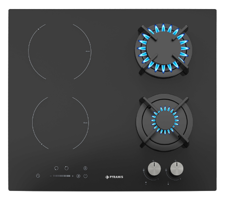 Plită mixtă Pyramis 2+2 Gaz & Inducție, 2 zone de inducție + 2 arzătoare gaz, 9 trepte de putere, Slider Touch Control, sticlă neagră, dimensiune 590x520 mm [1]