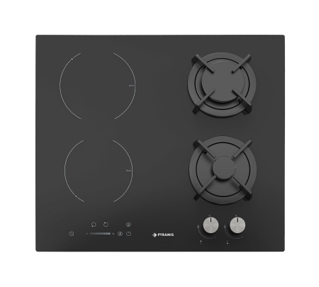 Aragazuri si plite - Plită mixtă Pyramis 2+2 Gaz & Inducție, 2 zone de inducție + 2 arzătoare gaz, 9 trepte de putere, Slider Touch Control, sticlă neagră, dimensiune 590x520 mm