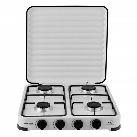 Aragaz pe gaz ( GPL ) - Plită pe Gaz Albatros APG41W – 4 Arzătoare (4×2.2 kW), Suprafață Emailată, Grătar Metalic Emailat, Butoane Ergonomice, Pentru Exterior, Funcționează cu Gaz GPL, Culoare Albă