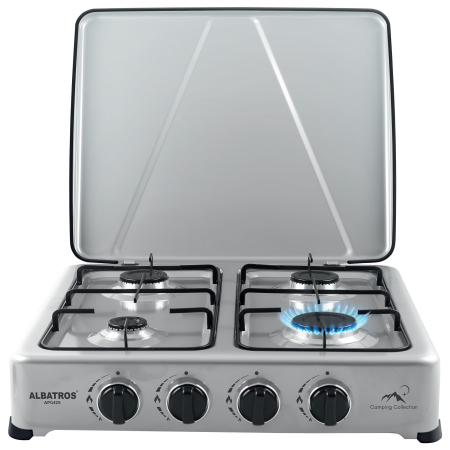 Plită pe Gaz Albatros APG42S – 4 Arzătoare (2.2 kW + 2×1.5 kW + 1 kW), Suprafață Emailată, Grătare Metalice Emailate, Butoane Ergonomice, Gaz GPL, Pentru Exterior, Culoare Argintie, Înălțime 100/140 m [1]