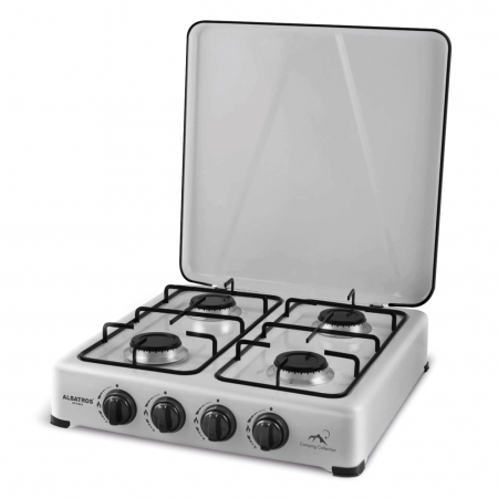 Aragaz pe gaz ( GPL ) - Plită pe Gaz Albatros APG42S – 4 Arzătoare (2.2 kW + 2×1.5 kW + 1 kW), Suprafață Emailată, Grătare Metalice Emailate, Butoane Ergonomice, Gaz GPL, Pentru Exterior, Culoare Argintie, Înălțime 100/140 m