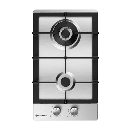 Plita incorporabila - Plită pe gaz domino Pyramis 30PG 630, 2 arzătoare + 1 wok, grătare fontă, butoane frontale, finisaj inox, dimensiuni 30x52 cm