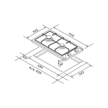 Plită pe gaz domino Pyramis 30PG 630, 2 arzătoare + 1 wok, grătare fontă, butoane frontale, finisaj inox, dimensiuni 30x52 cm [1]