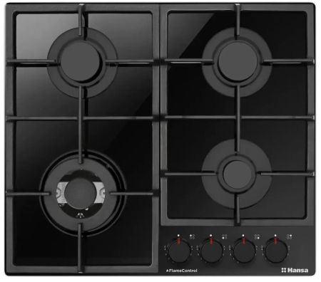 Marelvi - Plita pe gaz Hansa, gaz pe sticla, 60 cm, comenzi frontale, gratare de fonta, arzator WOK, flame control, 9 trepte de putere, negru