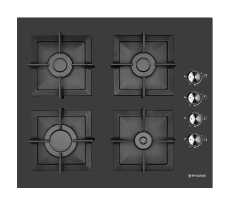 Aragazuri si plite - Plită pe gaz Pyramis 2225 Black Glass Cast Iron Protection, 4 arzătoare, grătare individuale fontă, butoane laterale, finisaj sticlă neagră, dimensiuni 590x515 mm