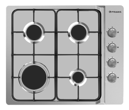 Aragazuri si plite - Plită pe gaz Pyramis 4102 Inox, 4 arzătoare, grătare emailate, butoane laterale, finisaj premium inox, dimensiuni 60x51 cm