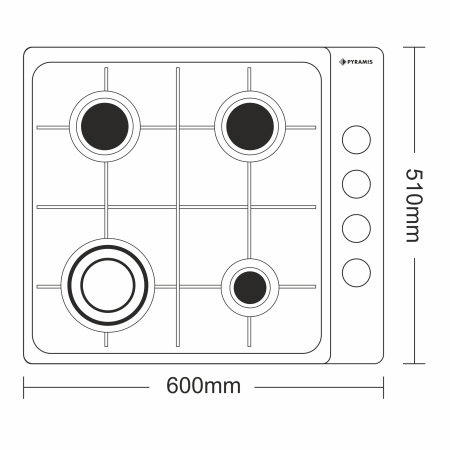 Plită pe gaz Pyramis 4102 Inox, 4 arzătoare, grătare emailate, butoane laterale, finisaj premium inox, dimensiuni 60x51 cm [2]
