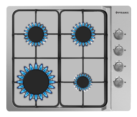 Plită pe gaz Pyramis 4102 Inox, 4 arzătoare, grătare emailate, butoane laterale, finisaj premium inox, dimensiuni 60x51 cm [1]