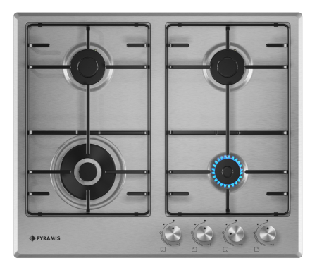 Plita incorporabila - Plită pe gaz Pyramis 60KF 3050, 4 arzătoare + arzător wok, grătare mate, finisaj inox