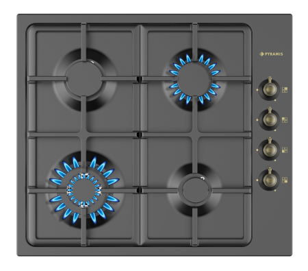 Aragazuri si plite - Plită pe gaz Pyramis 60KF 870 Rustic Anthracite, 4 arzătoare + wok, grătare fontă, butoane laterale, finisaj rustic, dimensiune 59x52 cm