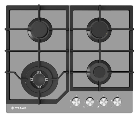 Aragazuri si plite - Plită pe gaz Pyramis 60PG 6614 Grey Glass, 4 arzătoare + wok, grătare fontă, butoane frontale, finisaj sticlă gri, dimensiuni 60x51 cm