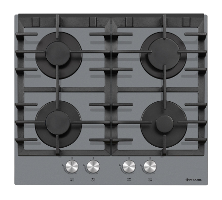 Plita incorporabila - Plită pe gaz Pyramis 6704 Grey Pearl, 4 arzătoare, grătare fontă, butoane frontale, finisaj premium sticlă gri, dimensiuni 594x523 mm