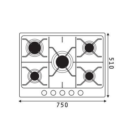 Plită pe gaz Pyramis 75PG 630, 5 arzătoare + 1 wok, grătare fontă, butoane frontale, finisaj inox, dimensiuni 75x51 cm [1]