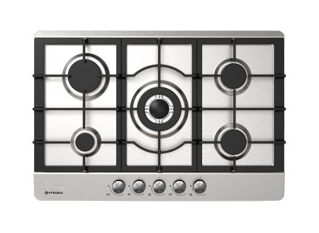Plita incorporabila - Plită pe gaz Pyramis 75PG 630, 5 arzătoare + 1 wok, grătare fontă, butoane frontale, finisaj inox, dimensiuni 75x51 cm