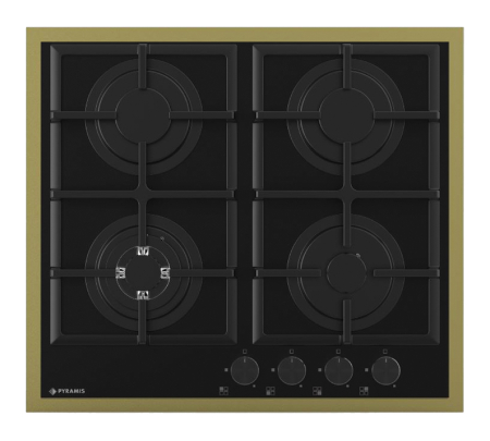 Plita incorporabila - Plită pe gaz Pyramis 8080 PVD Gold, 4 arzătoare + wok, grătare fontă, butoane frontale, finisaj sticlă neagră cu ramă PVD gold, dimensiune 59 cm
