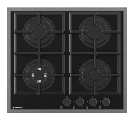 Plita incorporabila - Plită pe gaz Pyramis 8080 PVD Metal Gun, 4 arzătoare + wok, grătare fontă, butoane frontale, finisaj sticlă neagră cu ramă PVD metal gun, dimensiune 59 cm