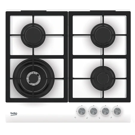 Plita incorporabila - Plita sticla pe gaz Beko, 60 cm, control butoane frontal, 3 arzatoare + 1 Wok, arzatoare cu eficienta ridicata, suport vase din fonta, siguranta plita, culoare butoane: alb cu capac cromat,  culoare: