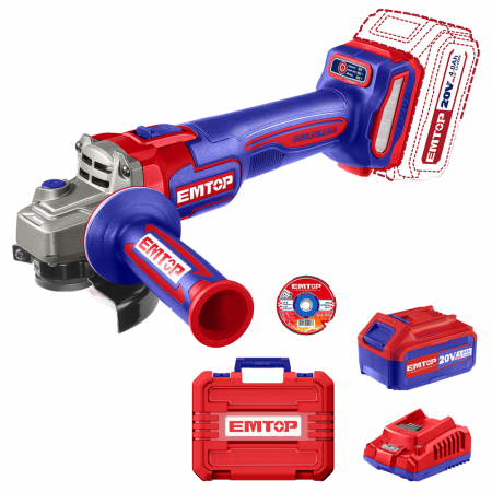 BRICOLAJ - Polizor unghiular cu 1 acumulator 4.0Ah, motor fara perii (brushless), 115mm, 10 discuri incluse - ELAG211541, EMTOP