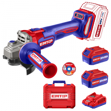 BRICOLAJ - Polizor unghiular cu 2 acumulatori 4.0Ah, motor fara perii (brushless), 115mm, 10 discuri incluse - ELAG211542, EMTOP