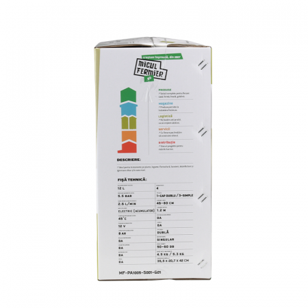 Pompa de stropit cu acumulator Micul Fermier 12L, 5.5 Bari, lance 80 cm, debit 2.6 L/min, acumulator 12 V, 8 Ah,MF-PA1005-S001-G01 + Atomizor electric portabil 80W [9]