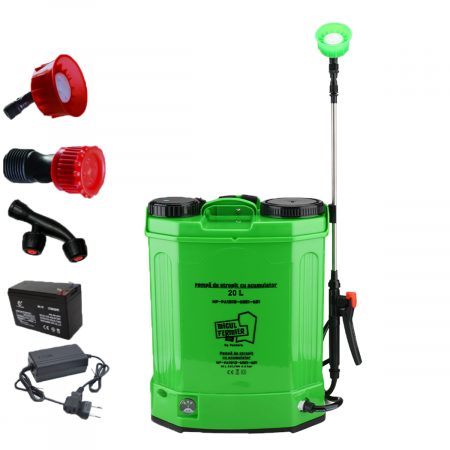 GRADINA - Pompa de stropit cu acumulator Micul Fermier 20 L, acumulator 12 V, 5.5 bar, 4 duze, lance 80 cm, debit 2.6 L/min, MF-PA1010-S001-G01