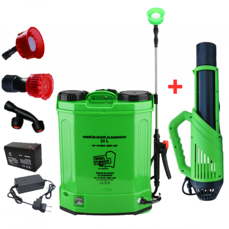 Pompe de stropit atomizoare - Pompa de stropit cu acumulator Micul Fermier 20 L, acumulator 12 V, 5.5 bar, 4 duze, lance 80 cm, debit 2.6 L/min, MF-PA1010-S001-G01 - Micul Fermier
