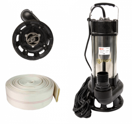 Pompe de apa murdara - Pompa submersibila cu dublu tocator pentru apa murdara, DDT, V1500T, 1500 W, Inox  + Furtun apa, tip pompier, 2 toli, 20M