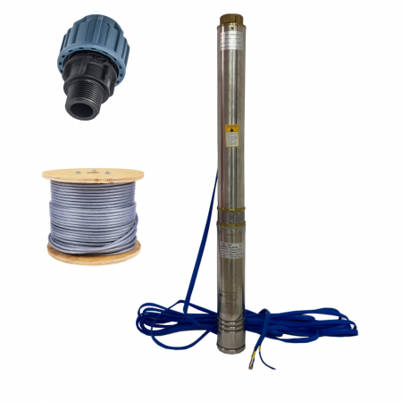 GRADINA - Pachet - Pompa submersibila 13 turbine DRK, Model 4SDM8-13, refulare 75 m, 1.5 kW/ 2HP, debit 10 m³/h + Racord compresiune 2 tol + Rola cablu otel zincat 4-5.5mm, lungime 100m