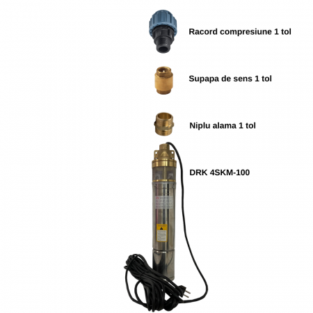 Pachet - Pompa Submersibila cu Turbina DRK, Model 4SKM-100, 0.75 KW, adancime la 50 m, debit 2600 L/H + Supapa + Niplu + Racord 1 tol [1]