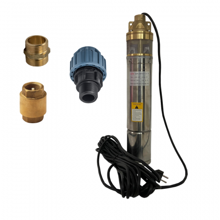 GRADINA - Pachet - Pompa submersibila cu Turbina DRK, Model 4SKM-200, putere 1.5 KW, debit 3 m/h, refulare 125m + Supapa + Niplu + Racord 1 tol