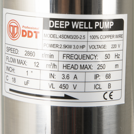 Resigilat - Pompa submersibila de mare adancime, DDT 20 turbine 4SDM3-20, 2500 W, 250 m inaltime, 12 mc/h, 1.25", 30 m cablu [1]