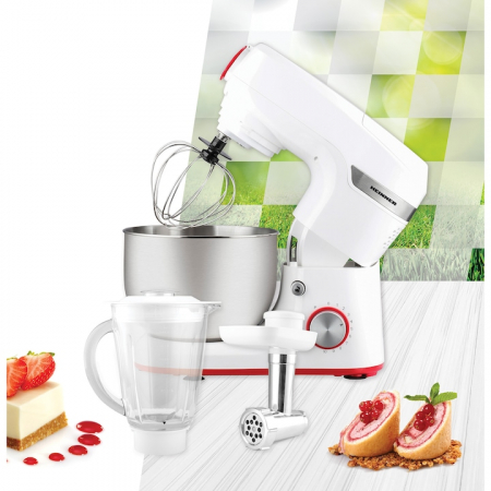 Robot de bucatarie Heinner HPM-1000WH, 1000W, accesoriu masina de tocat si blender, bol 5.5 L, 10 viteze + pulse, Alb [1]