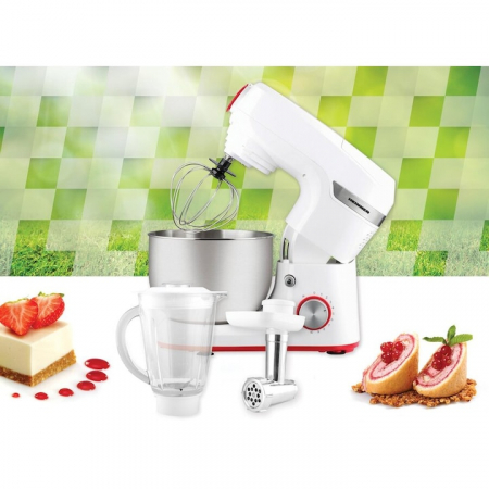 Robot de bucatarie Heinner HPM-1000WH, 1000W, accesoriu masina de tocat si blender, bol 5.5 L, 10 viteze + pulse, Alb [2]