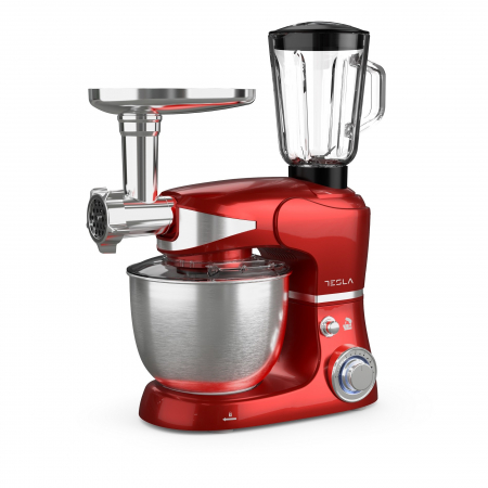Robot de bucatarie Tesla KR600RA, 1000 W, 6 viteze, bol inox 5 litri, masina de tocat + blender, tel din inox, paleta+carlig, Rosu [1]