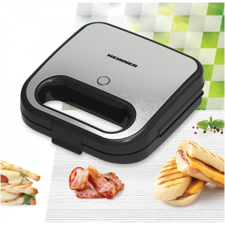 Sandwich maker HEINNER SILVERSTONE SM-K750FGSL, 750w, capacitate: 2 sandwich-uri, placi antiadezive fixe tip grill, silver [1]