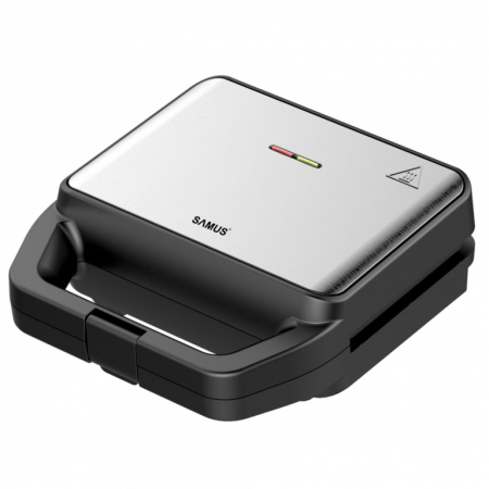 BUCATARIE - Sandwich maker, Samus SDG-800X,  placi antiaderente tip grill/vafe, indicator LED, maner termorezistent, carlig de inchidere, Inox/Negru