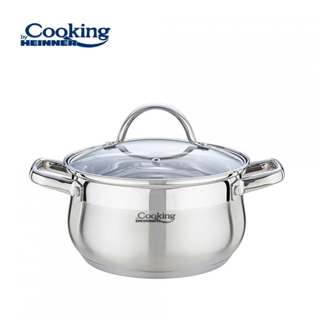 Electronice & Electrocasnice - Semiolă Inox cu Capac Cooking by Heinner Amira, Capacitate 3,6 L, Diametru 20 cm, Bază Capsulată în 5 Straturi, Compatibilă cu Inducție, Capac din Sticlă Termorezistentă, Inox