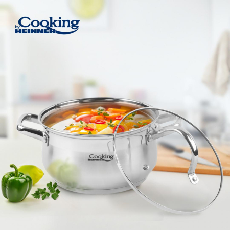 Semiolă Inox cu Capac Cooking by Heinner Amira, Capacitate 3,6 L, Diametru 20 cm, Bază Capsulată în 5 Straturi, Compatibilă cu Inducție, Capac din Sticlă Termorezistentă, Inox [3]