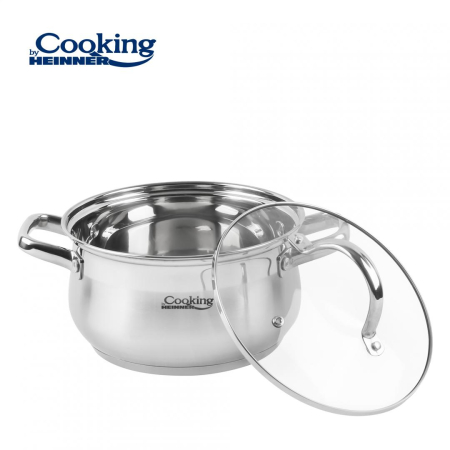 Semiolă Inox cu Capac Cooking by Heinner Amira, Capacitate 6,1 L, Diametru 24 cm, Bază Capsulată în 5 Straturi, Compatibilă cu Inducție, Capac din Sticlă Termorezistentă, Inox [1]