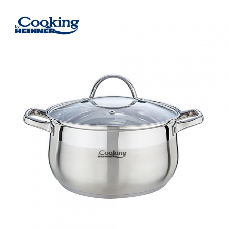 Electronice & Electrocasnice - Semiolă Inox cu Capac Cooking by Heinner Amira, Capacitate 6,1 L, Diametru 24 cm, Bază Capsulată în 5 Straturi, Compatibilă cu Inducție, Capac din Sticlă Termorezistentă, Inox