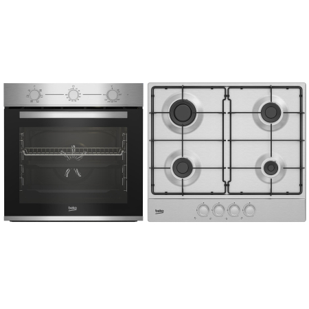 Marelvi - Set BI Beko cuptor+plita, gatire ventilata, 6 functii, aprindere integrata, timer, booster, steam shine cleaning, grill, iluminare cuptor, negru+inox