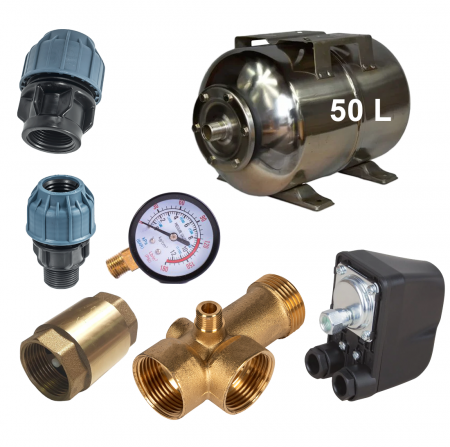 GRADINA - Set hidrofor 50 litri, vas expansiune INOX, presostat, manometru, racord 5 cai bronz