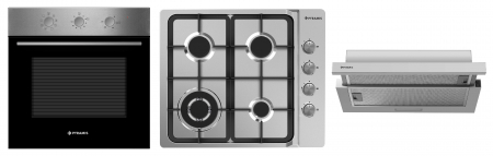 Aragazuri si plite - Set incorporabil Pyramis 15P Inox, cuptor electric 65L clasa A cu 8 funcții și Aqua Clean, plită gaz 4 arzătoare cu Wok și butoane rotative mari, hotă telescopică 409 m³/h, finisaj inox modern