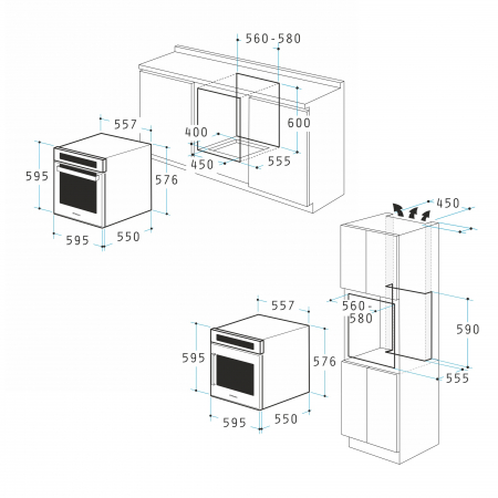 Set incorporabil Pyramis 18P Inox, cuptor electric 69L clasa A cu 8 funcții, plită gaz 4 arzătoare cu grătare email și butoane rotative mari, hotă telescopică 207 m³/h, finisaj inox modern [2]