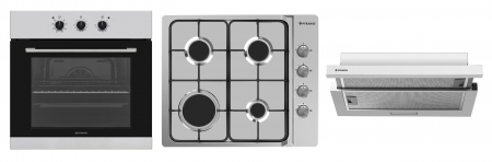 Aragazuri si plite - Set incorporabil Pyramis 18P Inox, cuptor electric 69L clasa A cu 8 funcții, plită gaz 4 arzătoare cu grătare email și butoane rotative mari, hotă telescopică 207 m³/h, finisaj inox modern
